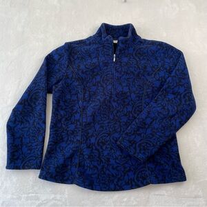 Coldwater Creek Jacket Womens Sz L Fleece Fitted Floral Blue 1/4 Zip Cozy Granny